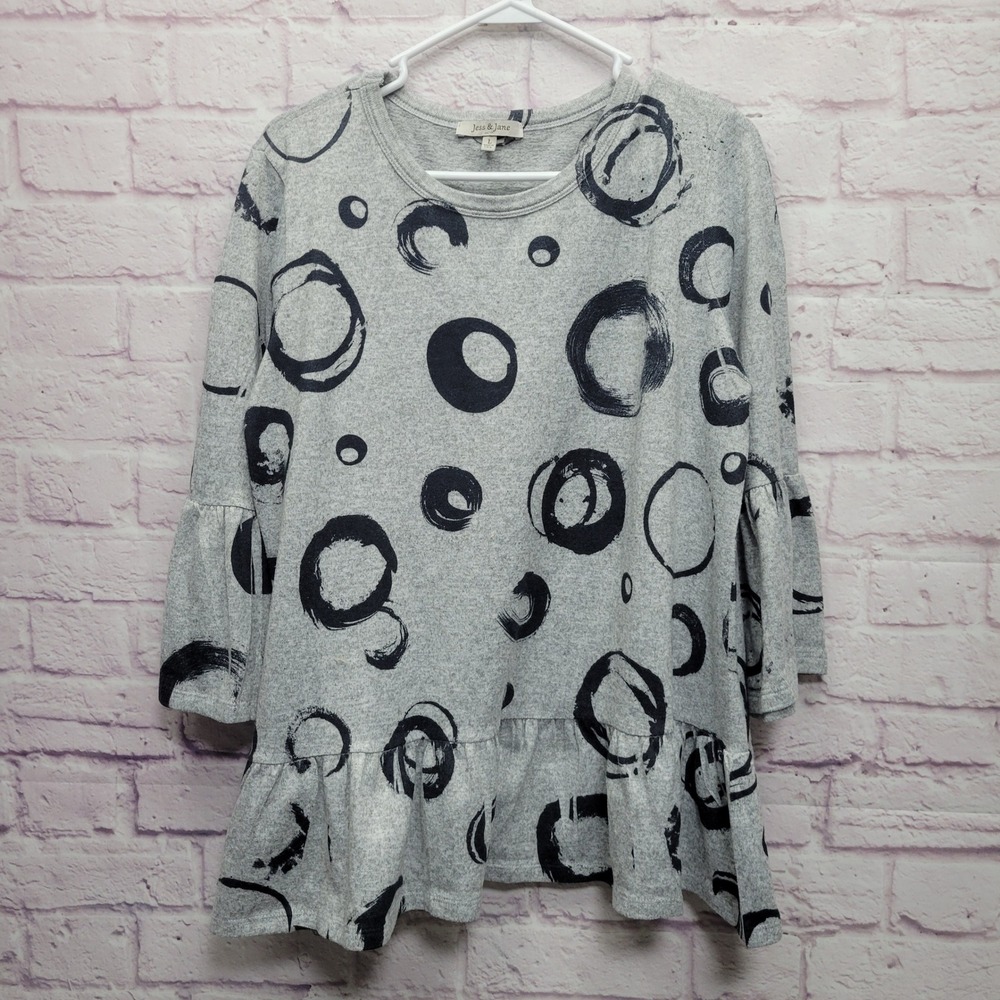 Jess & Jane Abstract Circles Tunic Top‎ Sz L Retro Ruffled Artsy Boho Casual